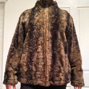 TanJay Faux Fur Jacket Coat Zip Up Front Brown Black Multi Pristine L